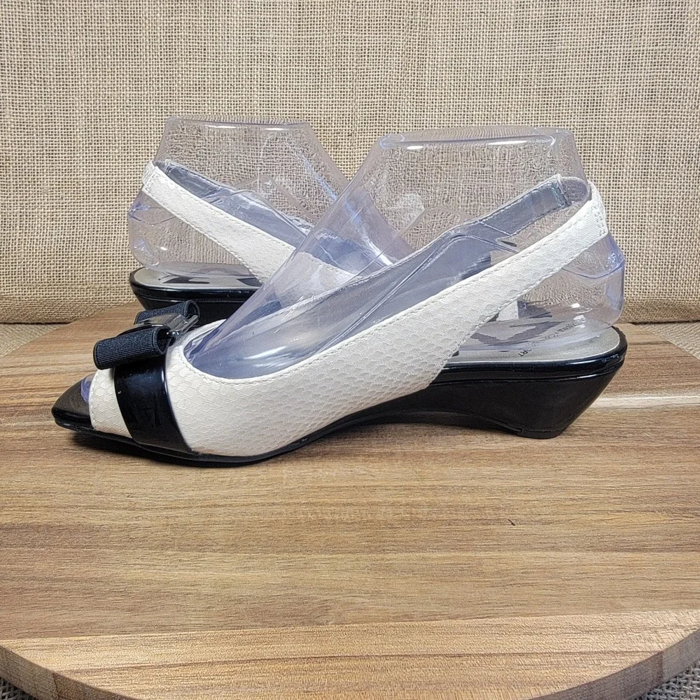 Anne Klein Sport Beckee Slingback Wedge Sandals Open Toe Cream Black Women's 6M
